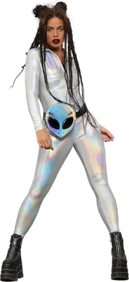 Produktbild von Irisierender Silber Metallic Catsuit Space Girl Disco Astronautin Rave, Größe:M