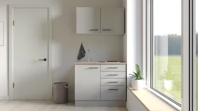 Obrázok produktu pre Minikuchyňa so spotrebičmi Flex Well Lund 100 cm farba čela svetle sivá lesk farba korpusu dýmovo sivá matný