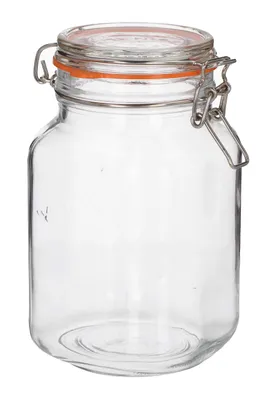 A clear glass jar with a silver wire bail closure and an orange rubber seal.