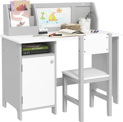 Image de HOMCOM Ensemble table et chaise pour enfant avec tableau blanc - bureau pour enfant +5 ans 90L x 45l x 85H cm Gris