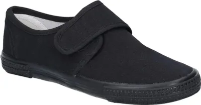 A single black children's shoe with a velcro strap is shown against a white background.