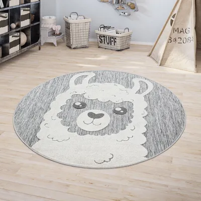 Produktbild von Kinderteppich Kinderzimmer Outdoorteppich Rund Spielteppich 3D Effekt Lama Grau Grösse Ø 160 cm Rund