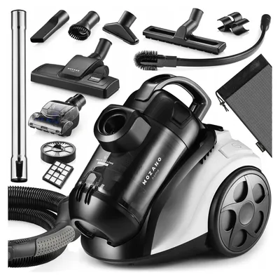 A collection of vacuum cleaner parts and accessories arranged around a central vacuum cleaner unit.