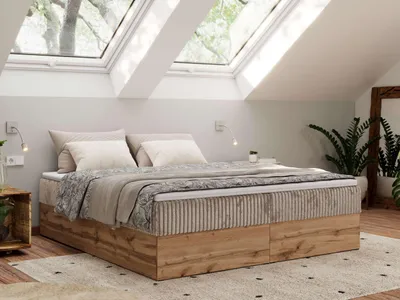 Produktbild von MKS MEBLE Boxspringbett, Polsterbett WOOD ZERO ohne Kopfteil, mit Stauraum & Bettkasten, 7-Zonen-Taschenfederkernmatratze, modernes Doppelbett in Holzoptik - Hellbraun Cord - H3 - Topper T25