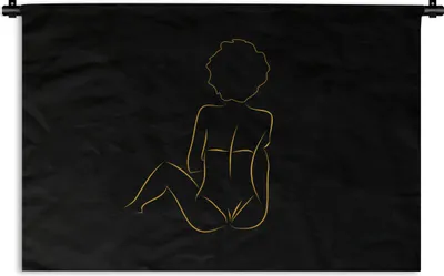 Produktbild von MuchoWow® Wandteppich Wandbehang Frau - Schwarz - Gold - Strichzeichnung 90x60 cm Tapisserie Dekoration Wandtuch - Wandskulpturen - Bildteppich