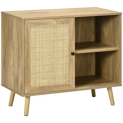 A wooden sideboard with a rattan door and open shelving, shown against a white background.