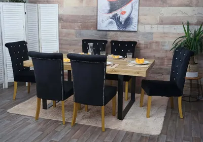 Produktbild von 6er-Set Esszimmerstuhl HWC-D22, Stuhl Küchenstuhl, Nieten Samt  schwarz, goldfarbene Beine