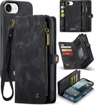 Produktbild von Schutzhülle für iPhone 16e/iPhone 17e, Vintage Multifunktions Lederhülle, Kartenfächer, Reißverschluss Hülle Schwarz