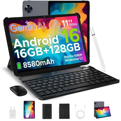 Image de Tablette Android 16 AI U11, écran de 11 pouces, 16 Go de RAM + 128 Go de stockage, extensible jusqu'à 2 To avec carte TF. Processeur Octa Core T7200, batterie 8580mAh, connectivité WiFi 5, écran 90Hz, appareil photo 13MP + 5MP. Tablette livrée avec clavier et souris
