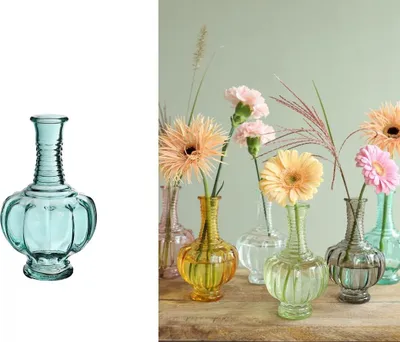 Produktbild von Vintage Glasvase 15 cm, in vielen Farben – Kleine Tischvase für Trockenblumen & Blumensträuße – Hochzeitsvase – Deko Glasflasche, Farbe:Hellblau