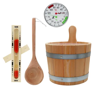 Produktbild von HAF Saunakübel Set Lärche 5 Liter + Einsatz, Saunakelle, Sanduhr und Klimamesser | Feuchtigkeitsresistenter Kübel | Qualität:  Germany