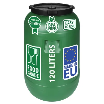 A green 120-liter barrel with a black lid, displayed on a white background.