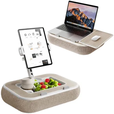Immagine prodotto di Supporto per tablet, cuscino regolabile a 360°, con contenitore per snack, adatto per dispositivi da 4,7 a 13 pollici, colore beige