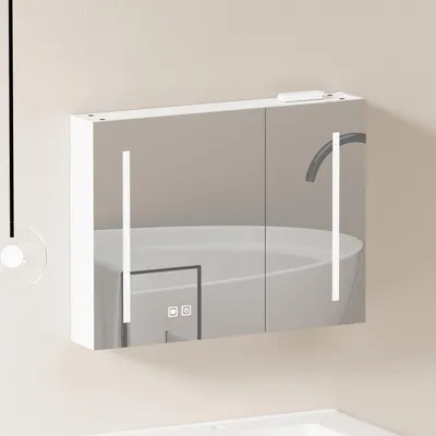 Produktbild von LED-Spiegelschrank fürs Badezimmer, Wandschrank mit Stauraum und Beleuchtung, 80 x 14 x 60 cm, Weiß