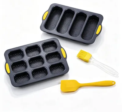 Silikon-Brötchenbackform-Set, 4-teilig, 4+9 Mulden, mit Ölpinsel und Teigmesser
