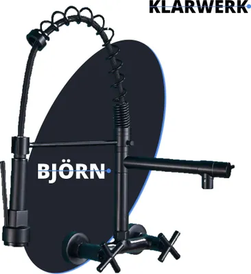 Produktbild von Björn | Gastronomie Wandmontage Armatur Schwarz matt | Profi Küchenarmatur Edelstahl Zwei Brausen | Doppelspülbecken Wasserhahn Restaurant Wand