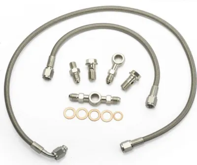 Zdjęcie produktu dla Zestaw doprowadzenia oleju do turbosprężarki w stalowym oplocie AN4 do Subaru WRX STi Mitsubishi EVO Nissan GTR Dodge Garrett