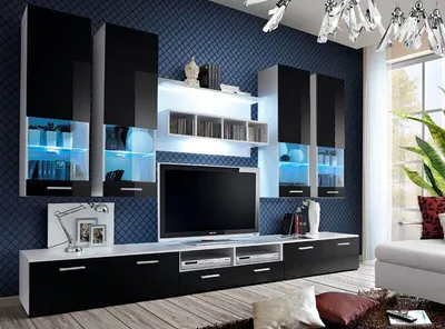 Produktbild von Wohnwand Dorada - Wohnzimmermöbel - Schrankwand für Wohnzimmer - Wohnzimmerschrank - Anbauwand - Wohnzimmerset mit Glassvitrinen - Weiß/Schwarz - Modern 21