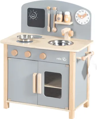 Zdjęcie produktu dla roba play kitchen, naturalny, szary Zabawka kuchenna z 2 płytami grzewczymi, zlewozmywakiem, kranem i akcesoriami