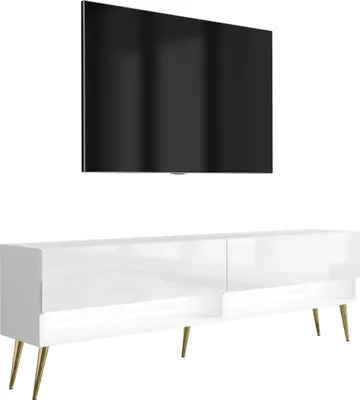 Produktbild von TV-Lowboard 170 cm Mattweiß / Hochglanzweiß, goldene schräge Beine, weiße LED, 170 × 32 × 52 cm