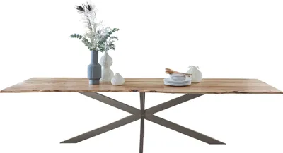 Produktbild von Baumkantentisch 280 x 100 cm Kalea, Akazienholz naturfarben & massiv, Esstisch mit silbernem Spider-Metallgestell, Tischplatte 26 mm, Esszimmertisch, Industrial-Design