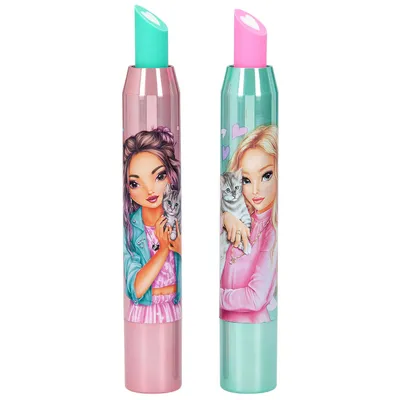 Two lip balm-like erasers with cartoon illustrations of girls and cats.
