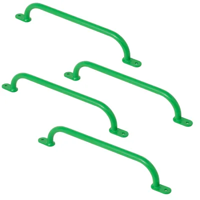 Four green climbing grips are arranged in a staggered, diagonal pattern against a white background.