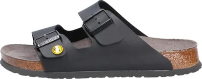 A side view of a black Birkenstock sandal.