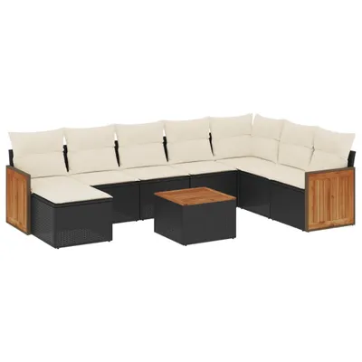 Produktbild von 9-teiliges Gartenmöbel-Set, modular, Poly Rattan Schwarz, mit Akazienholz-Tisch, Stauraum & cremeweißen Kissen
