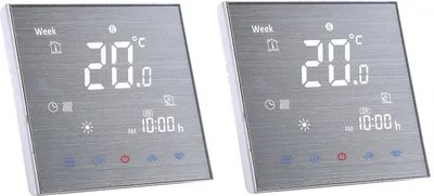 Two digital thermostats are shown side-by-side against a white background.