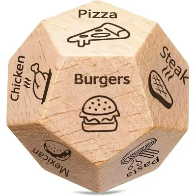 Produktbild von Essenswürfel – Würfelspiel für Essen – Was essen wir heute Abend – Mexikanisch – Burger – 12 Optionen – Würfel – Holz – 3 cm – CHPN