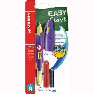 Image de Stylo d'école ergonomique pour droitiers avec plume standard M - STABILO EASYbirdy en violet/jaune - stylo simple - couleur d'écriture bleue (effaçable) - cartouche et outil de réglage inclus