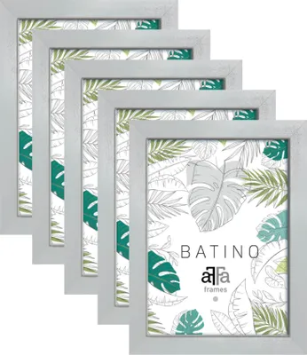 A set of five picture frames with a tropical leaf pattern inside, arranged in a staggered formation.
