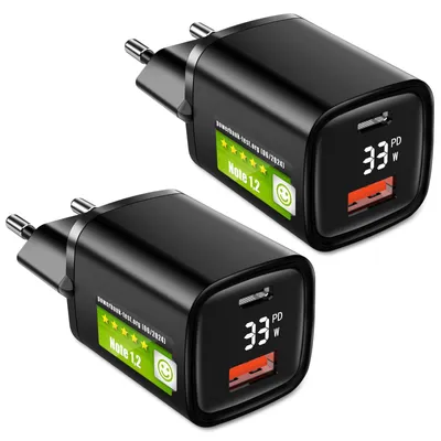 Produktbild von Eaxus® USB A + USB C Ladegerät mit Display - 2 Port 33W USB Netzteil mit Power Delivery / QC4.0 & Schnellladefunktion, Schwarz, 2er Set
