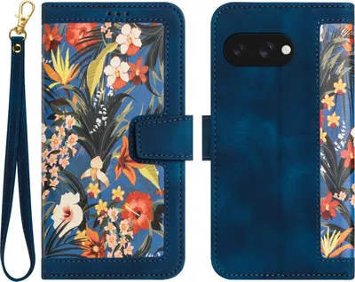 Image de Pour Google Pixel 9a portefeuille en simili-cuir pour téléphone portable étui fleur Design Etuis bleu foncé