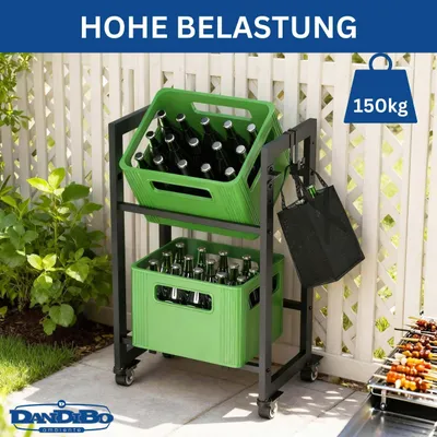 Produktbild von DanDiBo Getränkekistenregal 2 Kisten mit Gitter Haken Rollen Schmal Metall Schwarz 96649 Getränkeregal Kistenregal Getränke Regal Behälter