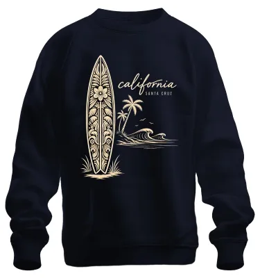 Imagen del producto de Sudadera con cuello redondo, diseño de surfista de Santa Cruz, California, con motivos de olas, palmeras y playa, color azul marino, talla L