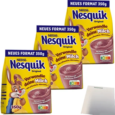Produktbild von Nestle Nesquik Kakaopulver Nachfüllbeutel 3er Pack (3x350g Packung) + usy Block
