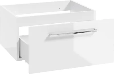 Produktbild von Waschtischunterschrank mit Metallgriff in chrom, 60 cm breit mit 1 Schubkasten, in weiß Hochglanz lackiert MESSINA-107, B/H/T: ca. 60/30/45 cm