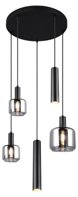 Image de Suspension MATARO noire et chromée, 5 x E27 x 10 W, métal, dimensions : 150 x 40 x 40 cm, IP20, Trio