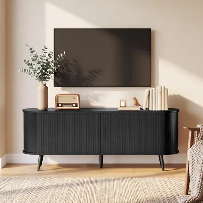 Zdjęcie produktu dla RTV-szafka BEALIFE, 145x40x55 cm, z 2 drzwiczkami rolowymi | Komoda pod telewizor do salonu | Czarna | AT23