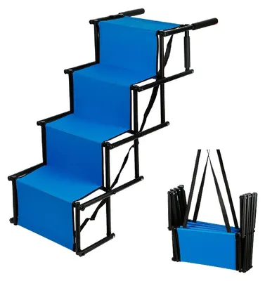 Obrázek produktu pro Rampa a schůdky pro psy – 4 stupně – skládací a přenosné – do auta, na pohovku, na postel – do 80 kg, pro malé a střední psy – rám z nerezové oceli – modrá