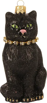 Produktbild von Christbaumschmuck Glas Katze mit Strass Halsband 9cm schwarz