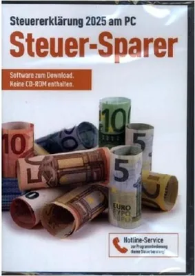 Rolled up euro banknotes are arranged in a pile, with text overlays indicating software for tax declaration.