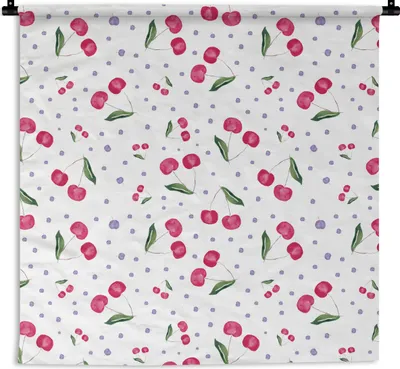 Produktbild von MuchoWow® Wandteppich Wandbehang Kirschen - Weiß - Muster 150x150 cm Tapisserie Dekoration Wandtuch - Wohnaccessoires - Modernes