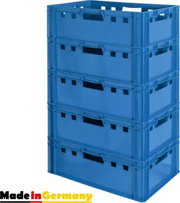 Turm aus 5x Euro-Plastikkiste E2, blau, mit Griff auf jeder Seite, made in EU