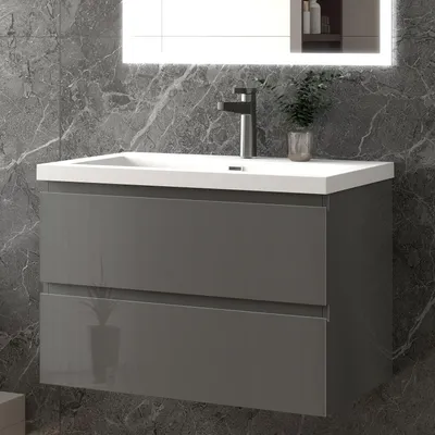 Produktbild von 80 cm Badmöbel-Set Unterschrank mit Rechteckiges Waschbecken 2 Schubladen soft-close Hochglanz Anthrazit Selbstmontierter