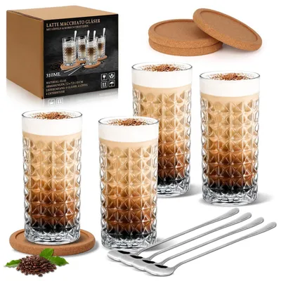 Immagine prodotto di Set di 4 bicchieri per Latte Macchiato, capacità 310 ml, con cucchiaini e sottobicchieri in cristallo