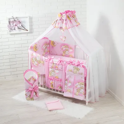Produktbild von Timmi 19Tlg. Babybett Kinderbett und Bettwäsche komplett Set höhenverstellbar aus Massivholz für Neugeborene Babys und Kleinkinder (Rosa)