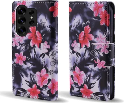 Produktbild von Handy Hülle für Samsung Galaxy S25 Ultra Klapphülle Bookcase Flip Cover Handy Tasche Etui Motiv: Blumen Hibiskus Blüten